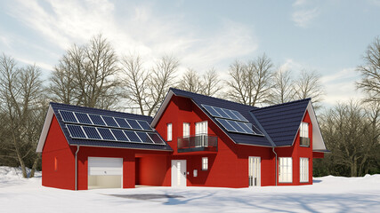 Einfamilienhaus mit Solaranlage im Winter