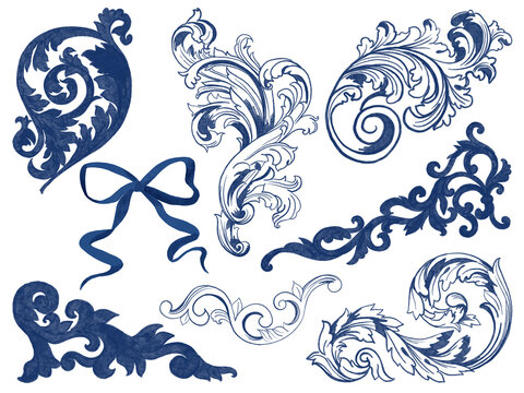 Floral Leaf And Ribbon Decorative Ancient Retro Blue Navy Indigo Elements Set, Rococo And Baroque