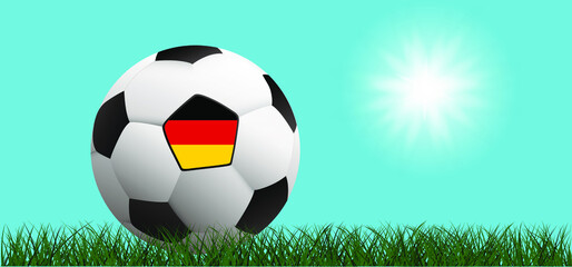 Naklejka premium Football with the flag of Deutschland, Germany on green soccer grass field. Flat vector wk, ek background banner. Sport finale or school, sports game cup. Summer, spring time, Street ball games. 2021