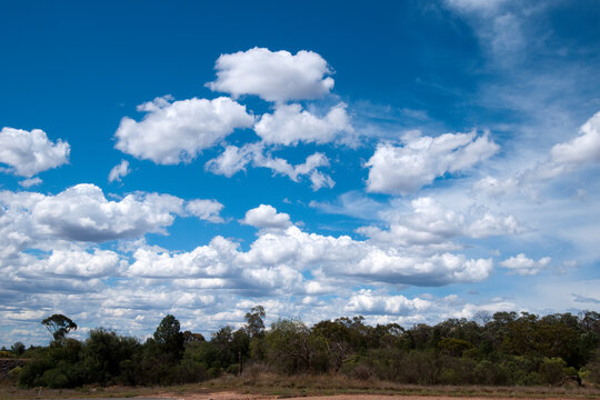 Mount Hope Australia, Spring Cloudscape With Sun On White Clouds And Blue Sky