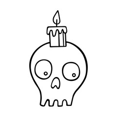 A cute candle holder in the shape of a human skull with a burning wax candle. Funny skull with eyes. Halloween theme. Hand-drawn vector illustration in the doodle style. For stickers, postcards.