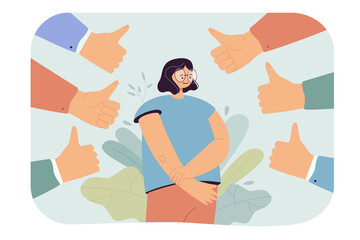 Happy woman getting public approval. Flat vector illustration. People showing respect by hands with thumbs up. Positive feedback, respect, social recognition concept for banner design