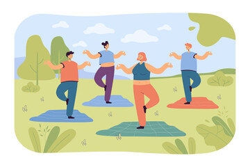 People doing yoga in park. Cartoon characters at outdoor yoga class, practicing self-care flat vector illustration. Health, recreation, wellbeing concept for banner, website design or landing web page