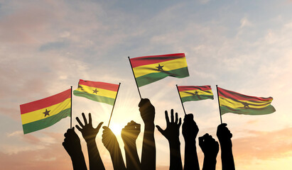 Silhouette of arms raised waving a Ghana flag with pride. 3D Rendering