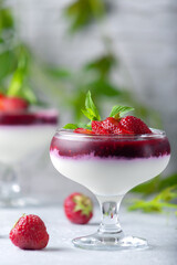 Traditional Italian dessert vanilla strawberry panna cotta in verina with fresh berries. Copy space.