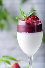 Traditional Italian dessert vanilla strawberry panna cotta in verina with fresh berries. Copy space.
