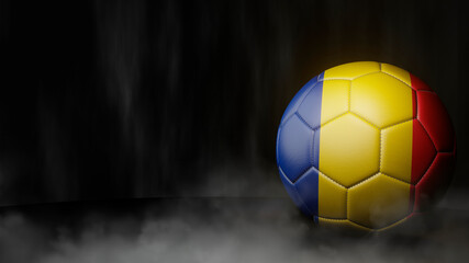 Soccer ball in flag colors on a dark abstract background. Romania. 3D image.