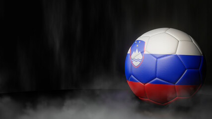 Naklejka premium Soccer ball in flag colors on a dark abstract background. Slovenia. 3D image.