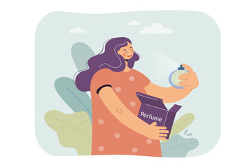 Woman enjoying perfume vector illustration. Young woman spraying, smelling cologne. Happy girl loving her toilet water. Perfume, cosmetics concept for banner, website design, landing .page