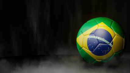 Soccer ball in flag colors on a dark abstract background. Brazil. 3D image.