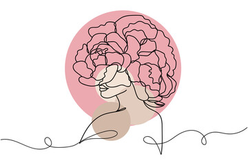 Continuous one line of surreal beautiful woman with flowers hai. Linear stylized.Minimalist.