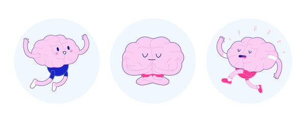 Set Badges Train Your Brain. Modern Flat Vector Illustration. Happy Jump, Meditate, Run. Social Media Template.