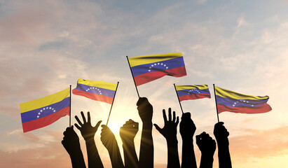 Silhouette of arms raised waving a Venezuela flag with pride. 3D Rendering - obrazy, fototapety, plakaty