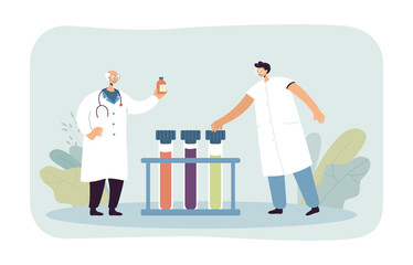 Pharmacists doing research in laboratory. Medical characters analyzing test tubes flat vector illustration. Medicine, healthcare, pharmacy concept for banner, website design or landing web page