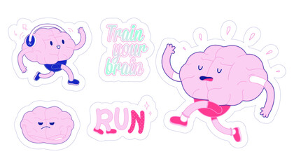 Set Train Your Brain. Modern Flat Vector Illustration. Happy Brain Run, Listen to the Music in Headphones, Angry Brain, Train Your Brain, Run Lettering Composition. Social Media Template.