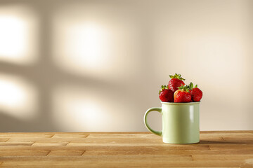 Fresh red fruits on desk and wall with background 