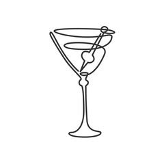 One line drawing martini glass with olive on skewer on white background. Cartoon graphic sketch for celebration design. Continuous line way. Hand drawn party drinks concept. Freehand drawing style