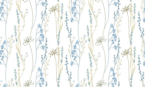Hand drawn watercolor seamless pattern with meadow wild flowers. and grass.