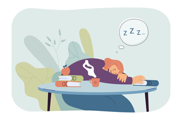 Girl sleeping during studying. Tired girl napping next to books and cup of hot beverage. Taking rest. Education concept for banner, website design or landing web page