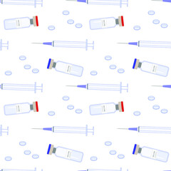 Medical ampoules and syringe. Seamless vector pattern on white background. Vaccine,syringe, pills.