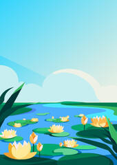 Fototapeta na wymiar Blooming lotuses on the river. Natural scenery in vertical orientation.