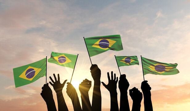 Silhouette of arms raised waving a Brazil flag with pride. 3D Rendering