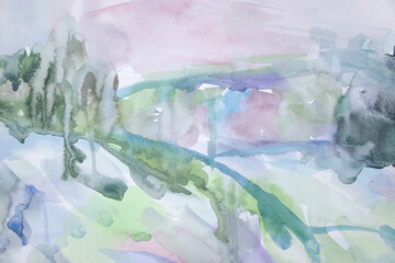 Ethereal background. Watercolor painting with copy space. Summer abstract landscape. Morning hillock with sky. Beautiful pastel colors verdant meadows.