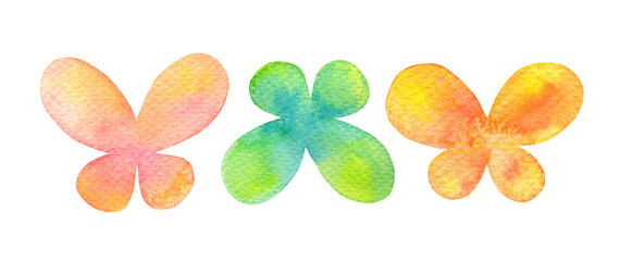 A set of three simple, multicolored abstract butterflies, painted in watercolor. Orange and green silhouette of flying insects on a white background.