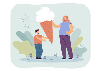 Happy mother giving ice cream to her little son. Cheerful boy spending time with his parent in park flat vector illustration. Motherhood, childhood, togetherness concept