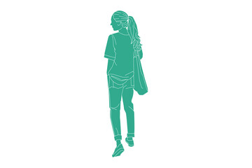 Vector illustration of casual woman walking on the sideroad (from behind), Flat style with outline