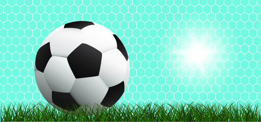 Goal net with sun and blue sky, Texture for ball in goal. Soccer ball or football net pattern. Green football grass field. Vector background banner. wk, ek sign. Sport finale or school, sports. 2021