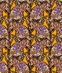 Abstract Hand Drawing Cheetah with FLowers and Leaves Tropical Seamless Vector Pattern Isolated Background