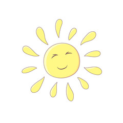 Smiling sun in cartoon style isolated on white background. Vector cute illustration with a stroke. Summer sun icon in childish style.
