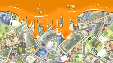 Economic poster. Bright orange drips of paint on the background of the paper money of the world. USA, Switzerland and EU banknotes
