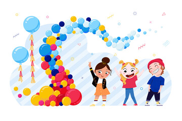 Kids party illustration set in red blue red bright colors. Includes balloon garland arch and tree child characters. Good for childish festive designs.