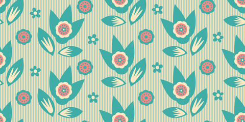 Modern wild flower graphic vector seamless border background. Banner with abstract groups of flowers leaves on striped backdrop in pastel blue yellow. For baby products, header, ribbon, edging, trim