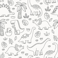Cute dinosaur seamless pattern. Black and white outlines in cartoon style. - 438413349
