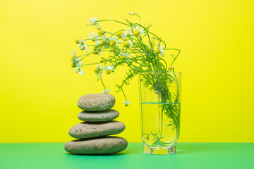 Flat stones stacked on top of each other on a colored background, next to chamomile in a glass of water. The concept of calmness and balance