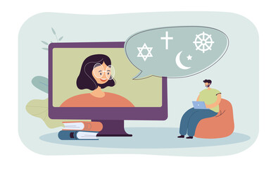 Man having online lesson on world religious. Boy having video call with teacher, learning symbols of Islam, Buddhism, Christianity, Judaism during pandemic flat vector illustration. Education concept