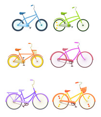 Colorful bicycles vector illustration set. Drawings or doodles collection of old and new bikes. Cycle training, race, transport concept