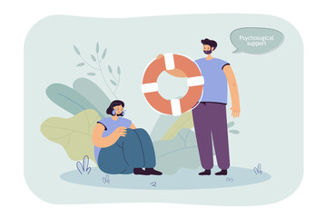 Fototapeta na wymiar Crying woman getting psychological help from man with life ring. Boy supporting his friend flat vector illustration. Psychotherapy, depression concept for banner, website design or landing web page