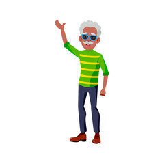 stylish old man wearing sunglasses waving with hand to friend on seashore cartoon vector. stylish old man wearing sunglasses waving with hand to friend on seashore character. isolated flat cartoon