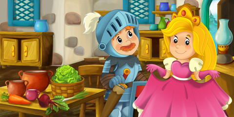 cartoon farm house ranch kitchen with knight princess