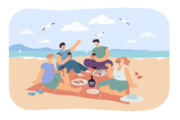 Obraz na płótnie Canvas Group of happy friends having picnic on beach. Cartoon persons eating and drinking on seashore trendy flat vector illustration. Picnic, summer concept for banner, website design or landing web page