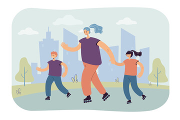 Mother going rolling skating with children. Female character spending time with son and daughter, holding girl by hand. Everyone smiling. Healthy lifestyle concept for banner, website design
