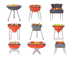 Barbecue grills cartoon illustration set. Vector collection of charcoal grills with roasted meat, grilled vegetables, fried seafood and steaks. Outdoor cooking on fire and coals. BBQ concept.