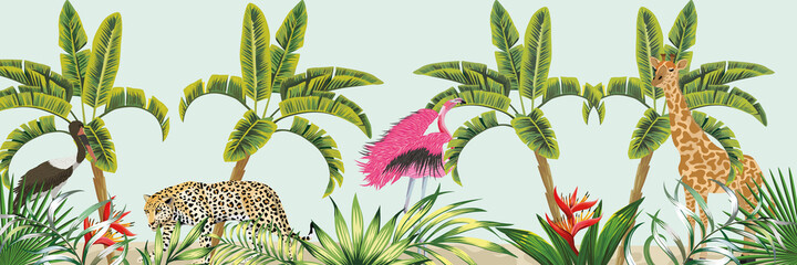 Illustration of Different Jungle Animals on Tropical Background