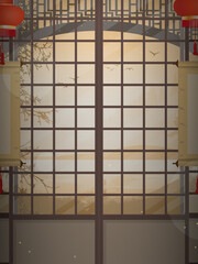 Ryokan An empty Zen room in a very Japanese style. Cartoon style. Horizontal banner. Vector illustration