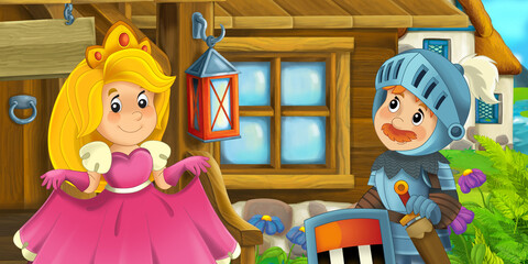 cartoon farm house with happy knight and princess