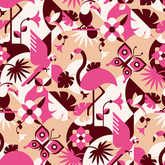 Tropical birds and flowers - abstract vector pattern, seamless with flamingo, toucan, hummingbird, parrot, butterfly. Perfect for fabric, textile, wallpaper.